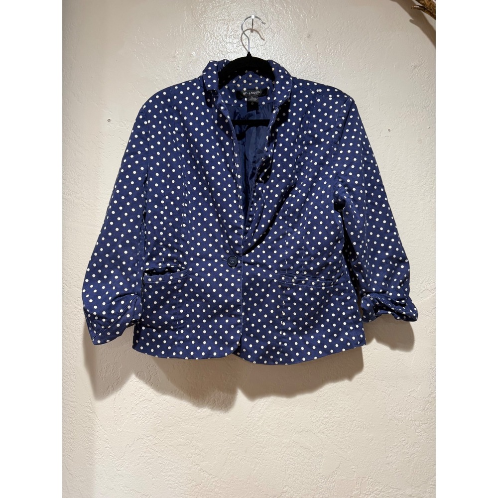 89th & Madison‎ Womens Navy Blue White Polka Dot Blazer Jacket Size L 3/4 Sleeve